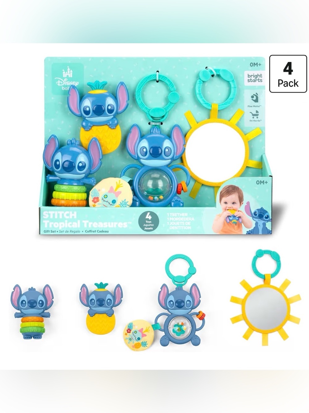 NWT Disney Stitch Tropical Treasures Blue 4-Pack Toy Set baby sensory teether0M+